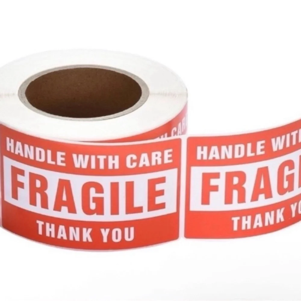 Red Fragile Handle with Care labels (30 stickers)